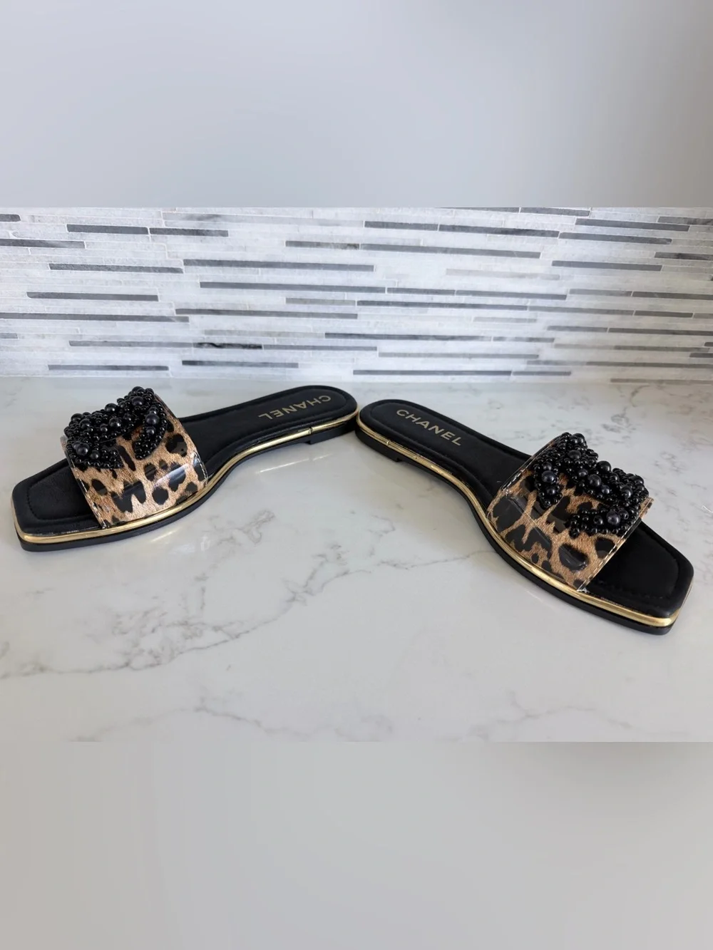 CHANEL Leopard Beaded Slide Mules in Black & Brown size 6